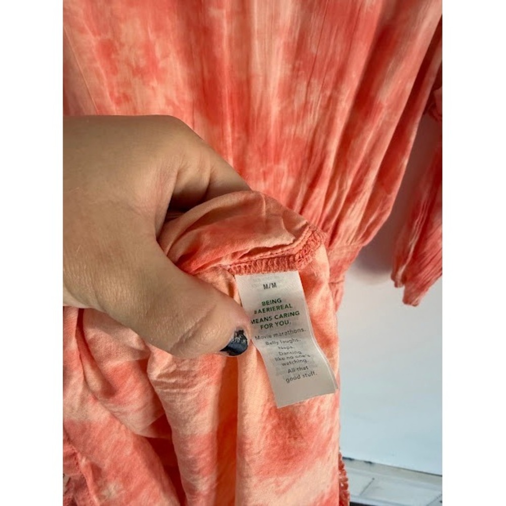 Boho Tie Dye Aerie Smocked Ruffle Mini Dress Womens Medium Coral - Picture 9 of 10